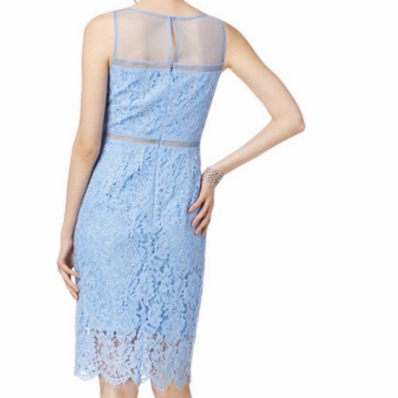 Adrianna Papell Light Blue Lace Sheath Dress | Sheer Mesh Neckline | Size 10 - Picture 2 of 6
